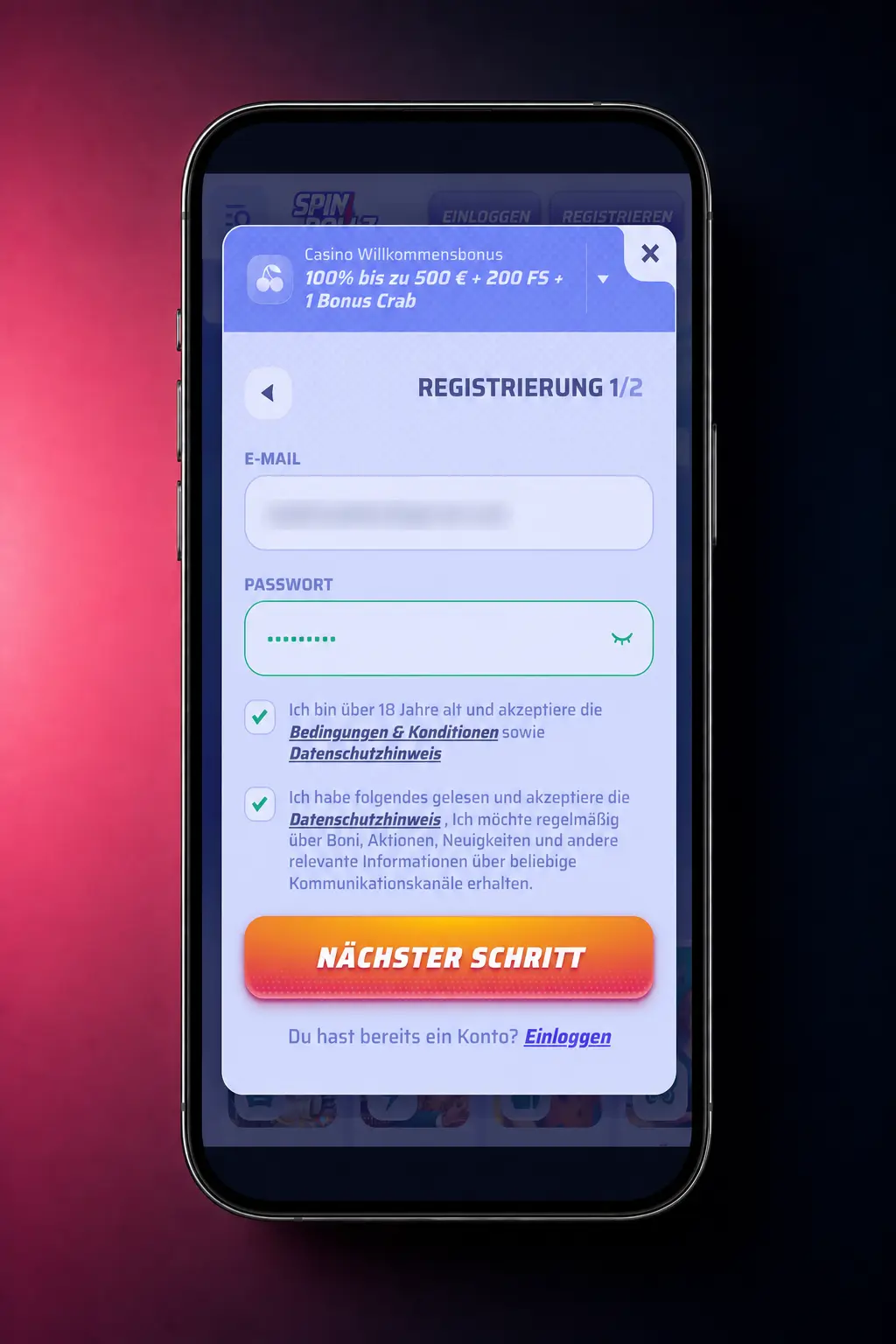 Registrierung in der Spinrollz Application
